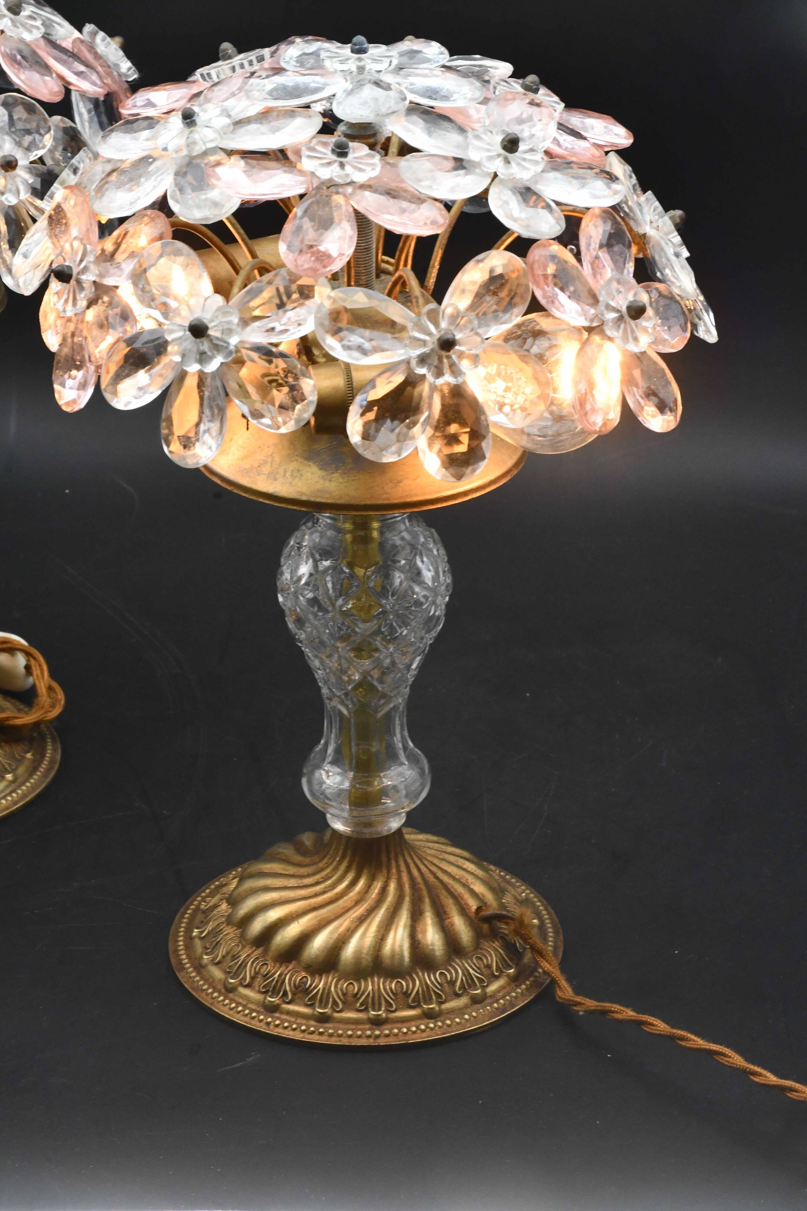 Set of 2 large table lamps with crystal glass flowers, pink and transparent, brass base, 1960