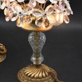 Set of 2 large table lamps with crystal glass flowers, pink and transparent, brass base, 1960