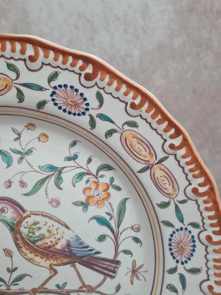 Large vintage plate with bird decor – signed Outeiro