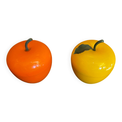 Seaux a glace forme pomme + citron plastique orange jaune 70’s vintage