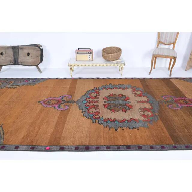 1970s Vintage Turkish Oushak Handmade Wool Cotton Brown Runner Rug 178x448