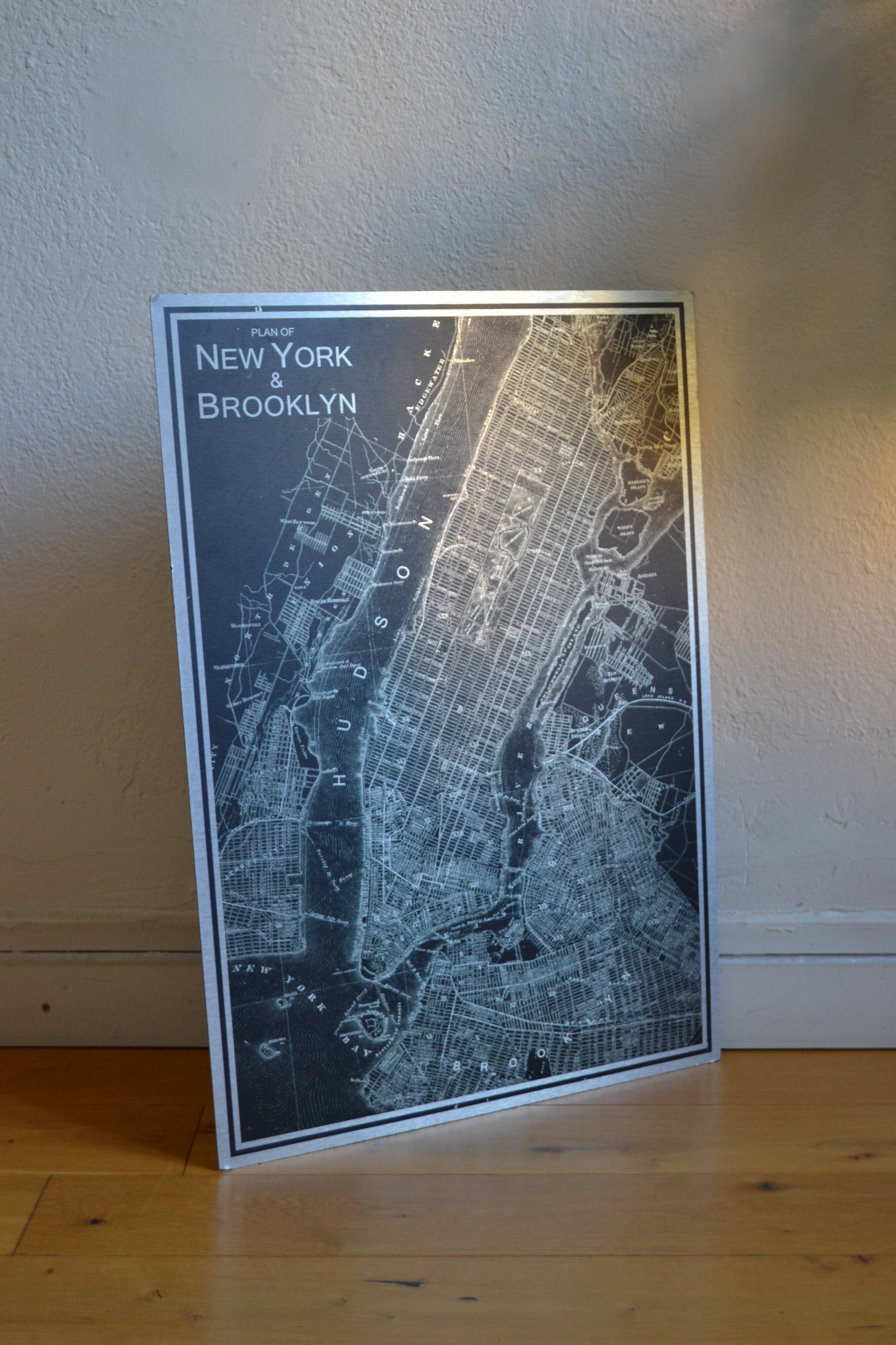 Map of New York & Brooklyn, silkscreen print on metal plate, 70 x 49 cm