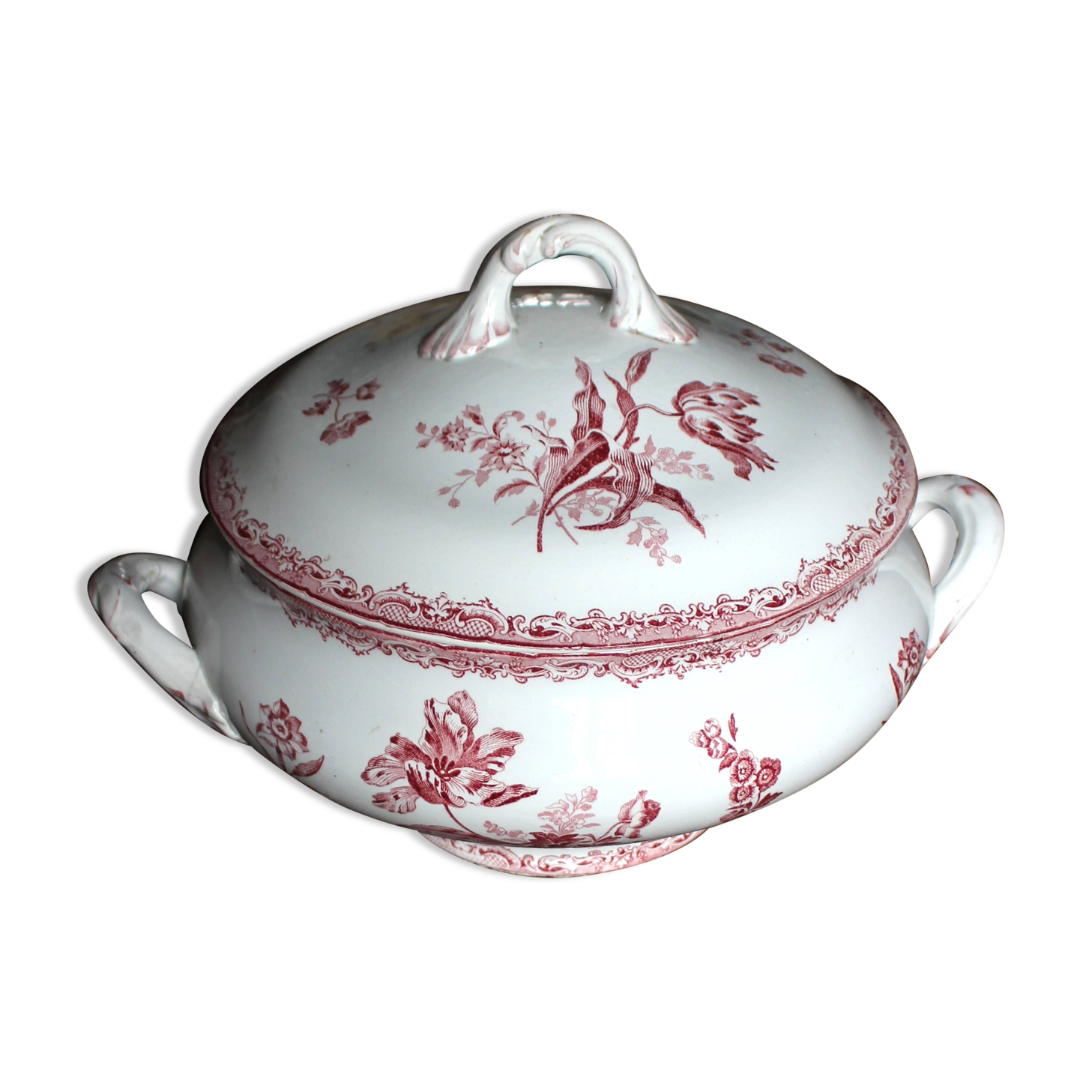 Soupière en terre de fer rose Fontanges Sarreguemines