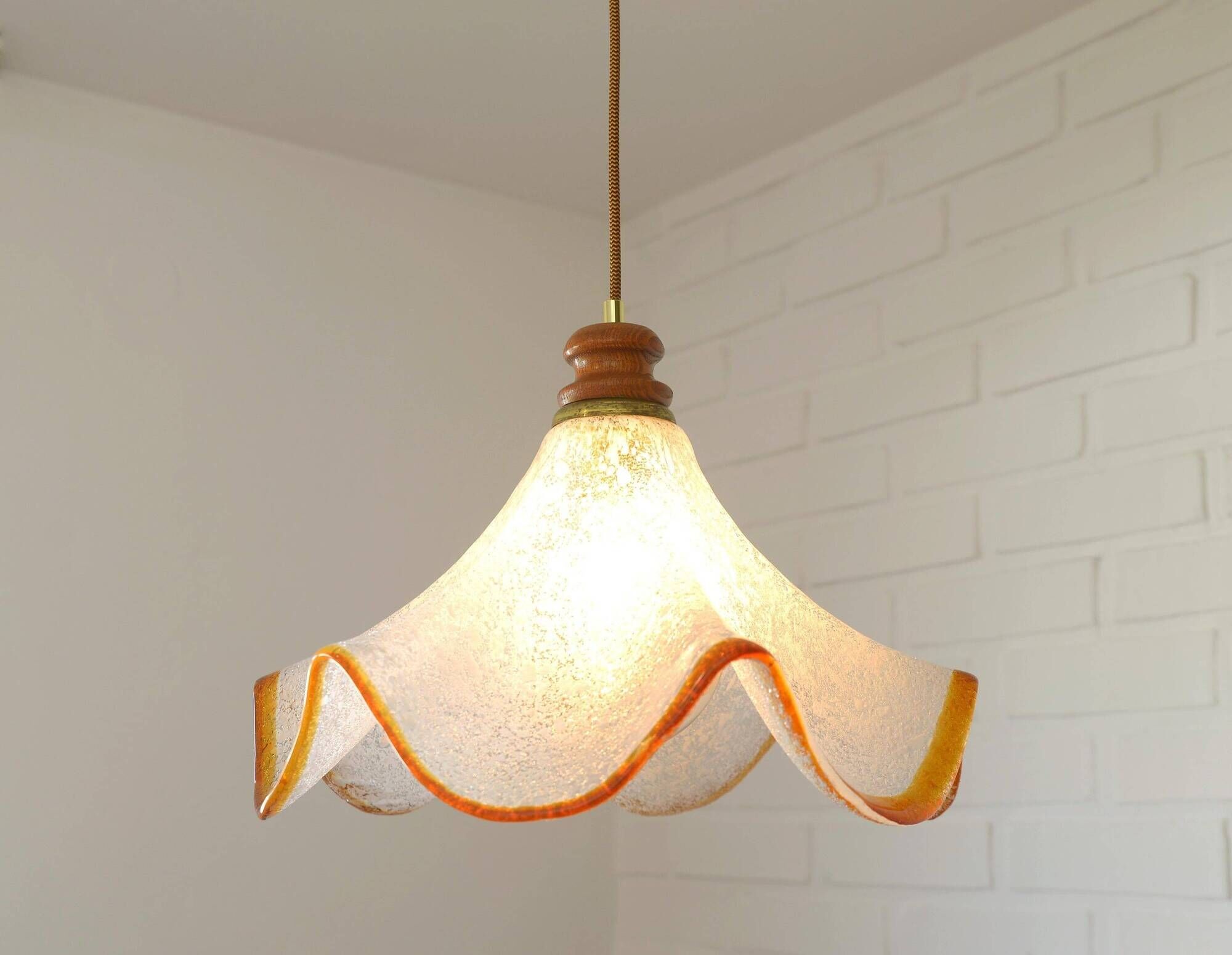 Hand Blown Murano Glass Pendant Light – Amber Rim, 1970s Italy Design