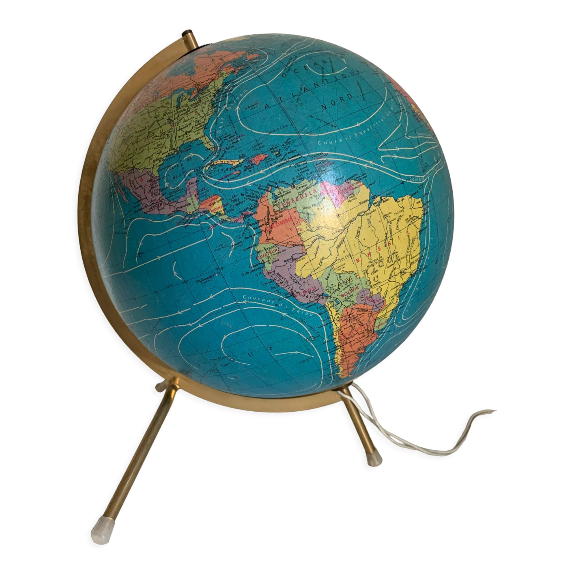 Globe vintage 1975 terrestre verre tripode doré Taride