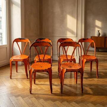 Set of 6 industrial metal dining chairs by Joseph Mathieu, painted steel, 1920s, France