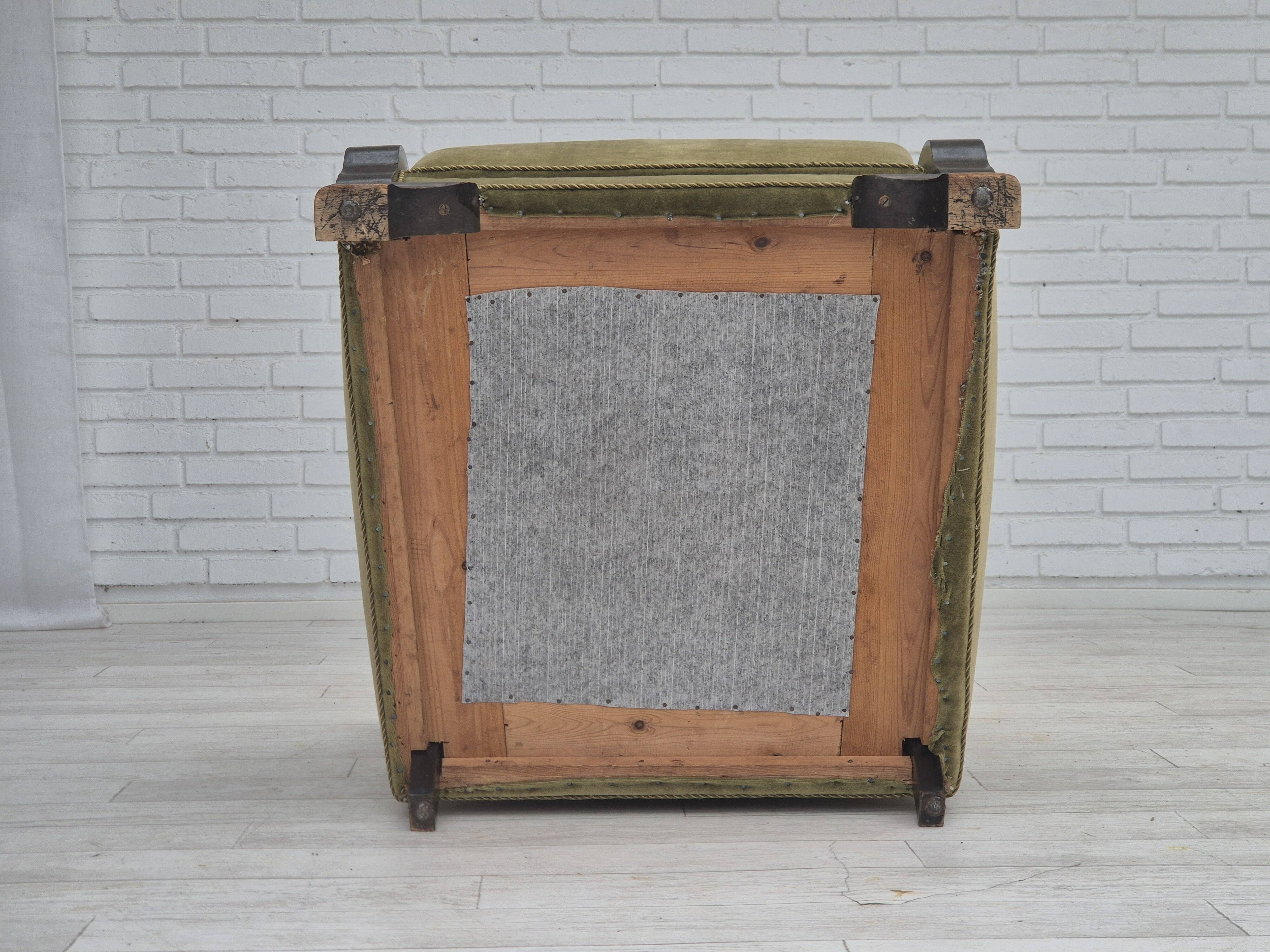 1950s, Danish relax armchair, green furniture velour, beech wood.