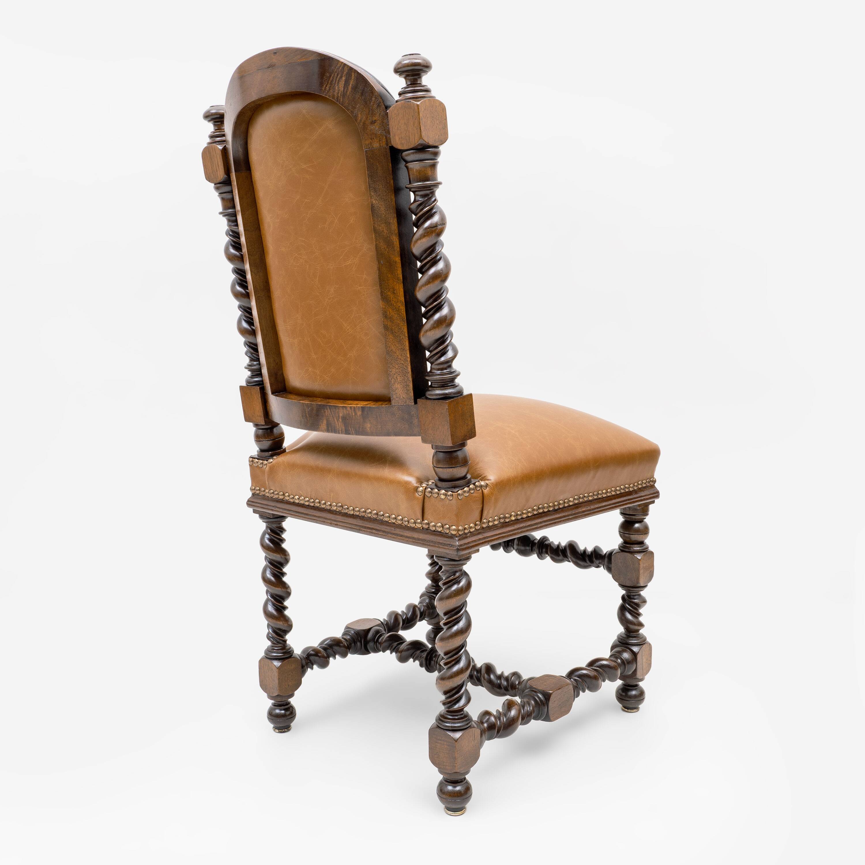 Six Antique Italian Neo-Renaissance Walnut Dining Chairs in Genuine Leather
