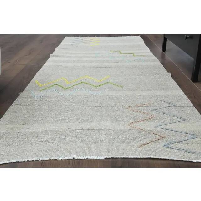 1970s Vintage Turkish Oushak Handmade Wool Cotton Gray Runner Rug 90x341