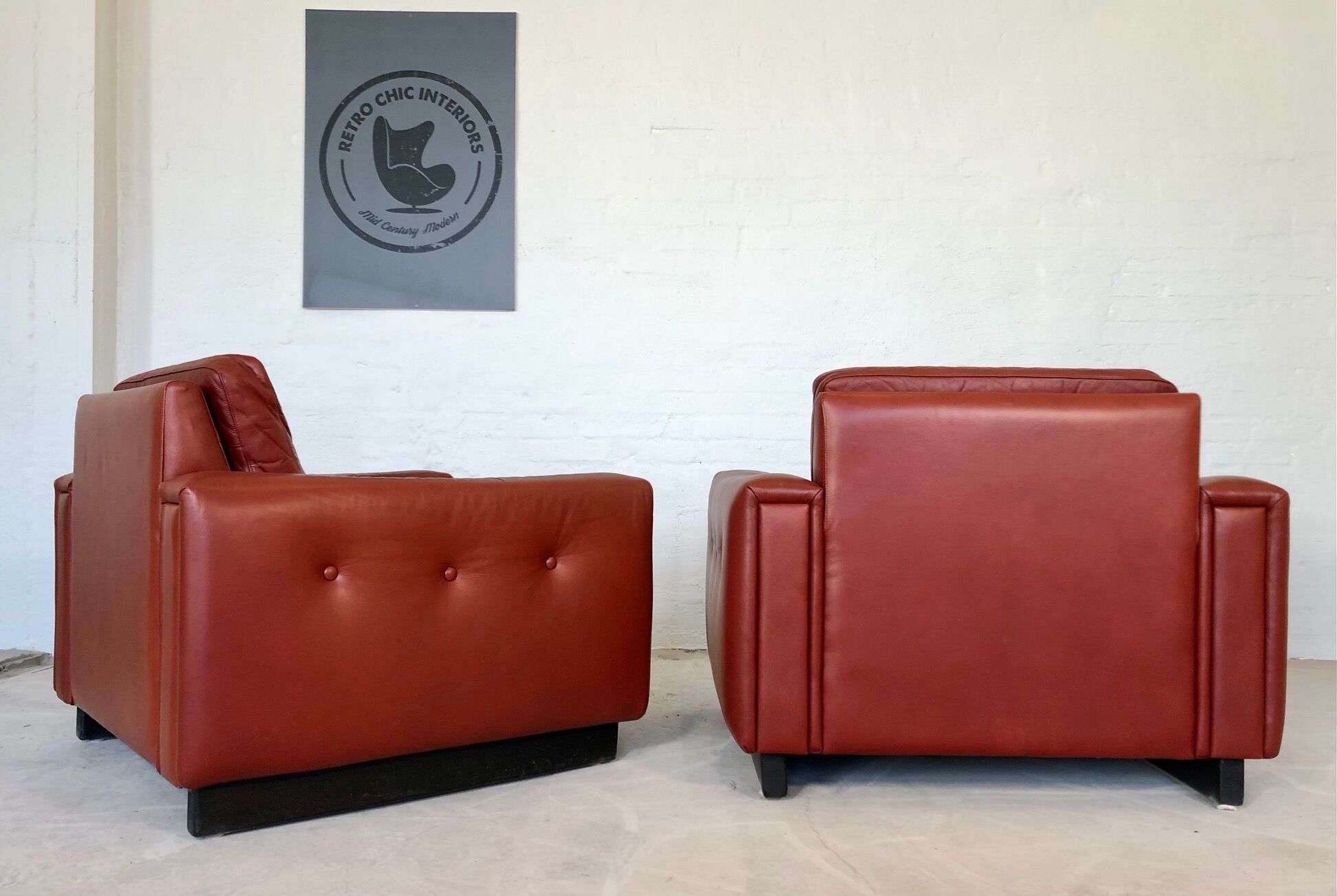 Vintage danish mid century cognac leather lounge chairs 1970,s