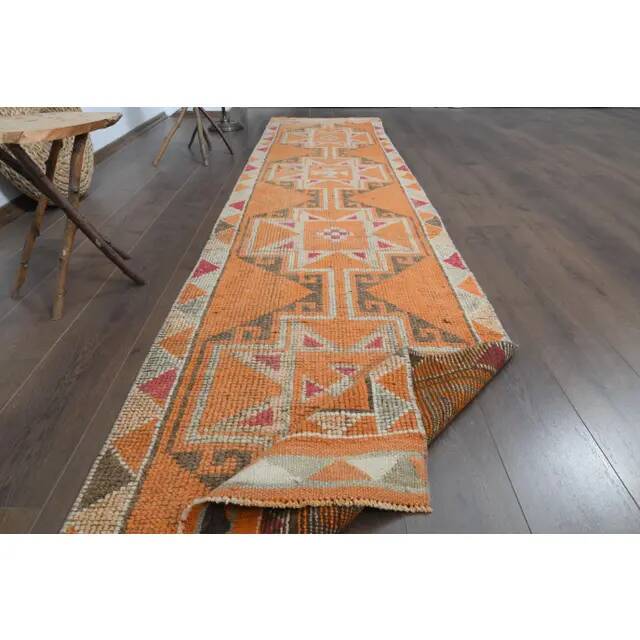 1970s Vintage Turkish Oushak Handmade Orange Runner Rug 86x367