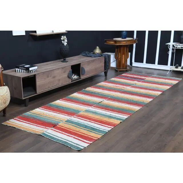 Vintage Turkish Oushak Handmade Wool Cotton Red Runner Rug 123x356