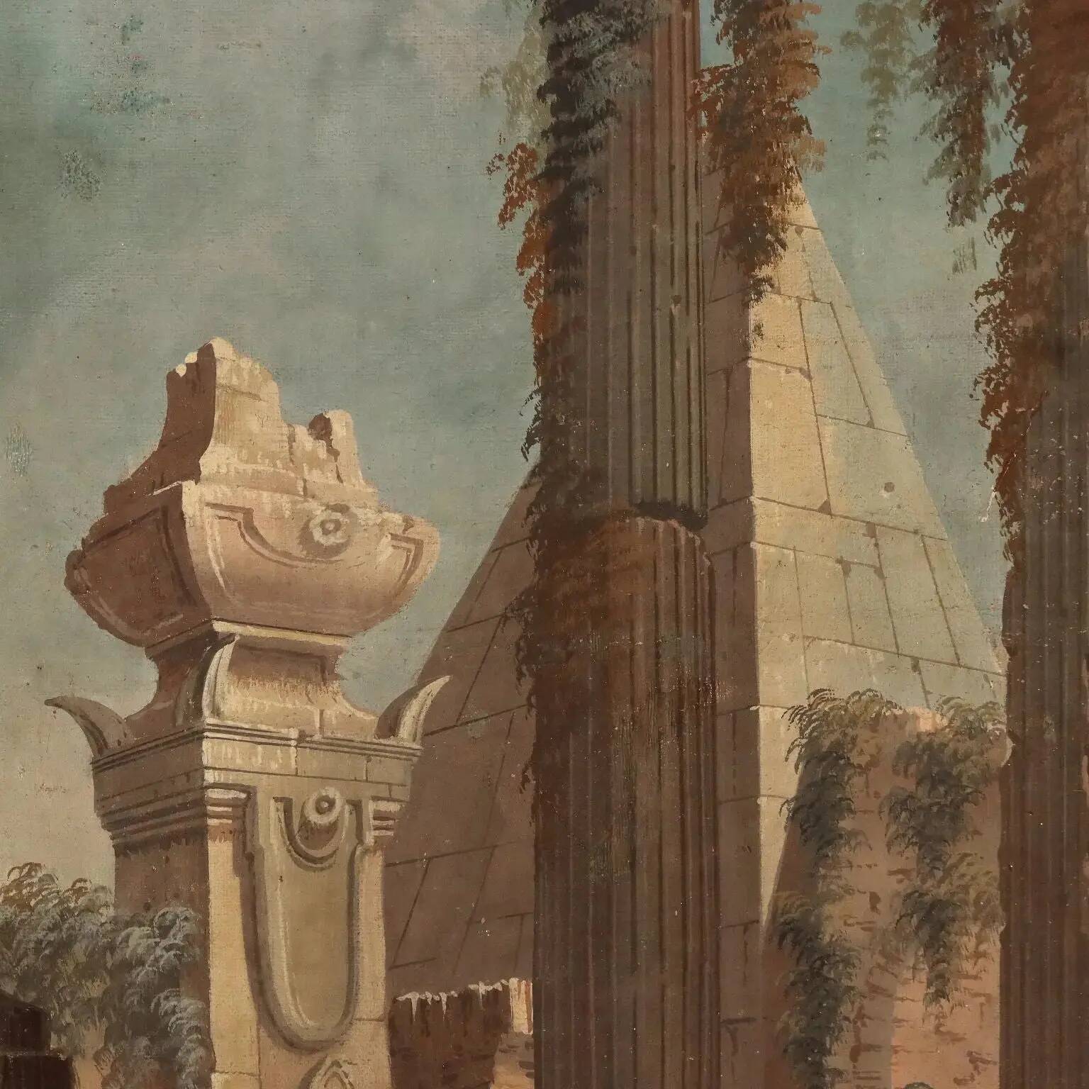 Ancient painting, architectural view, tempera on canvas, 18th century.