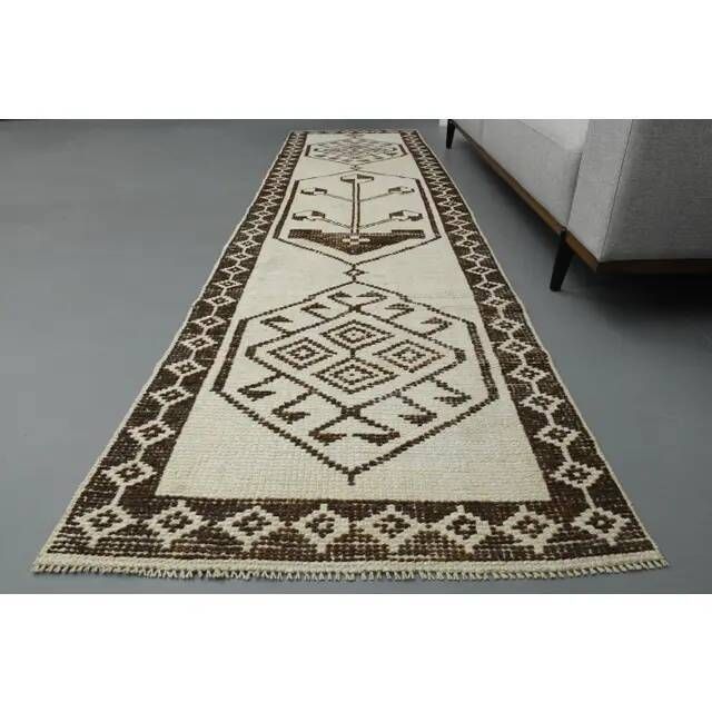 1970s Vintage Turkish Handmade Wool & Cotton Beige Runner Rug 89x320