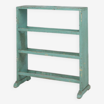 Industrial small mint-colored rack or bookcase with 4 shelves and beautiful patina, Belgium, 1920s