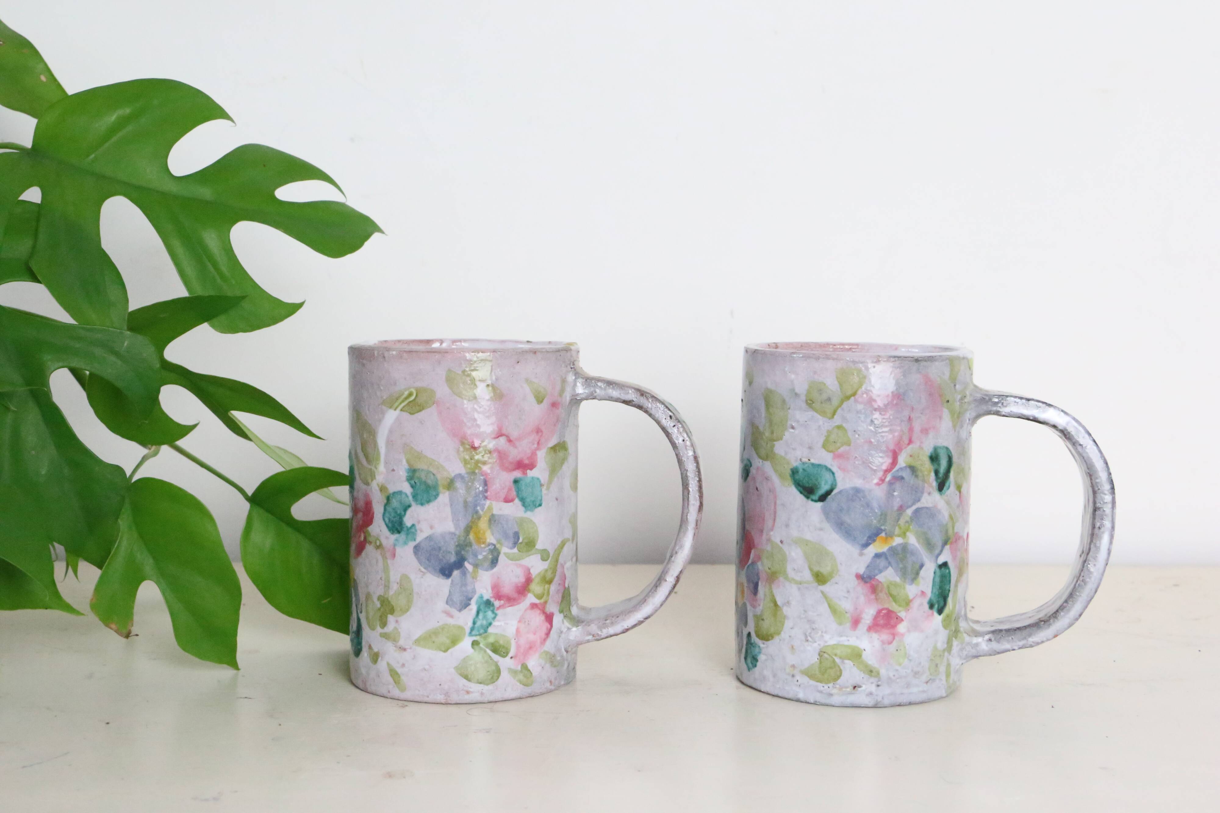 Set of 2 stoneware mugs, artisanal pottery, 1980