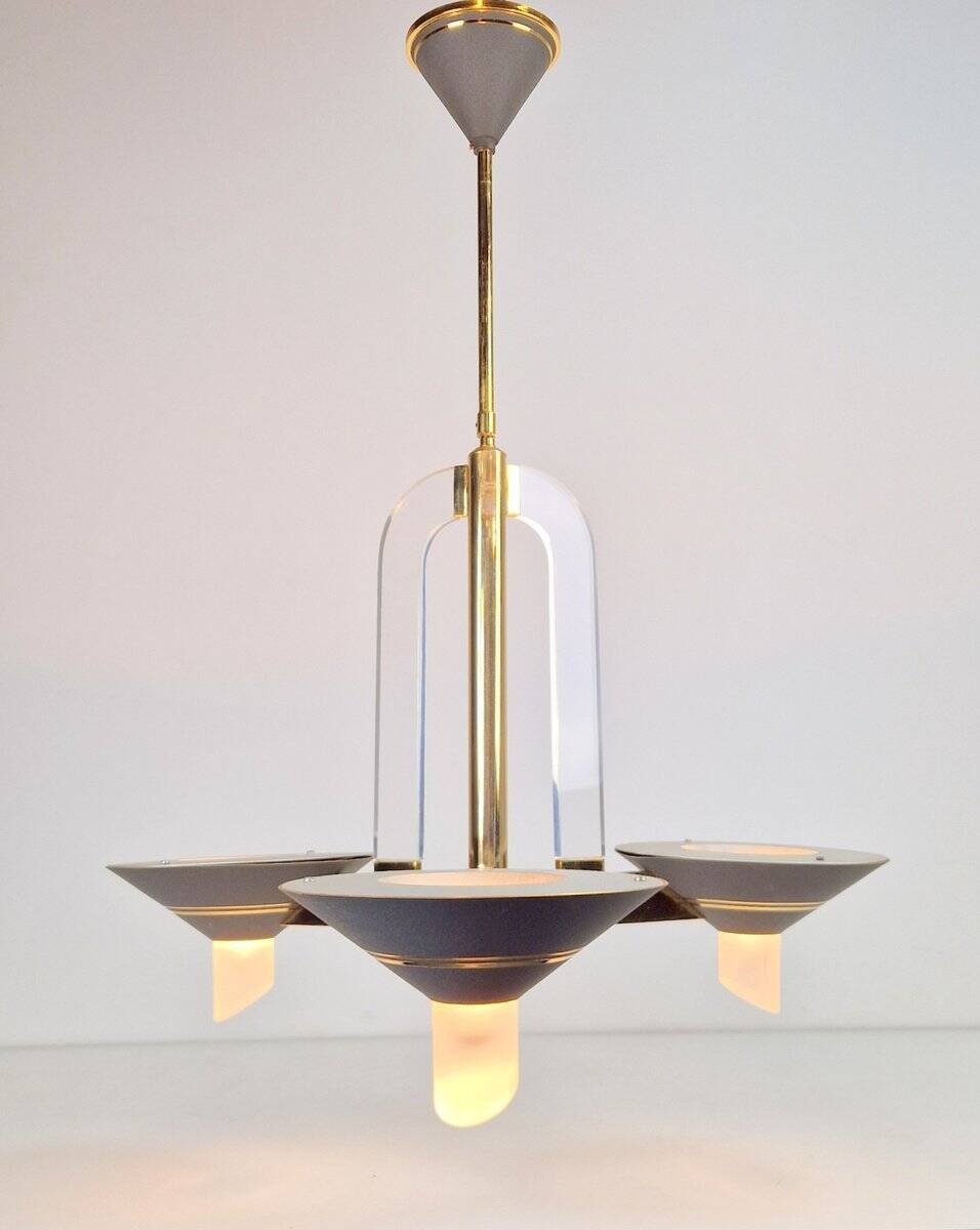 Vintage French Brass Acrylic Chandelier, 1970s