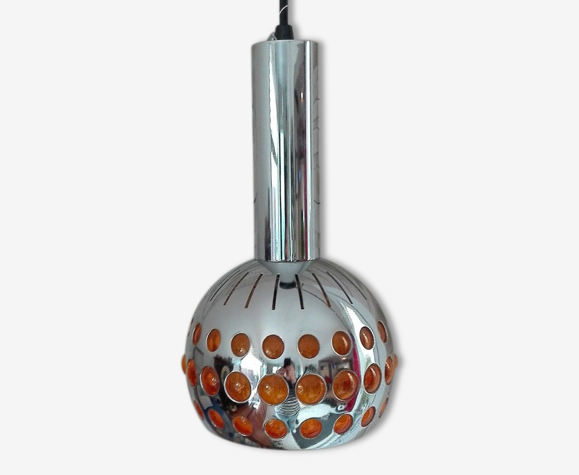 Suspension lustre année 70 orange et chrome vintage lampe UFO | Selency