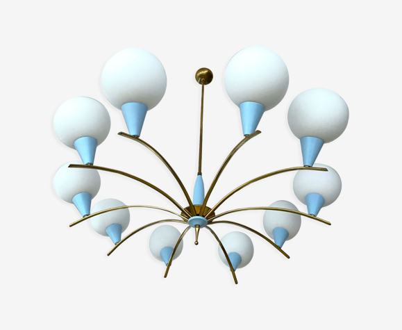 Suspension XXL vintage Italie années 50 laiton et verre , Bleu Or