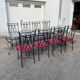 Glass and iron table with two side tables and 8 chairs