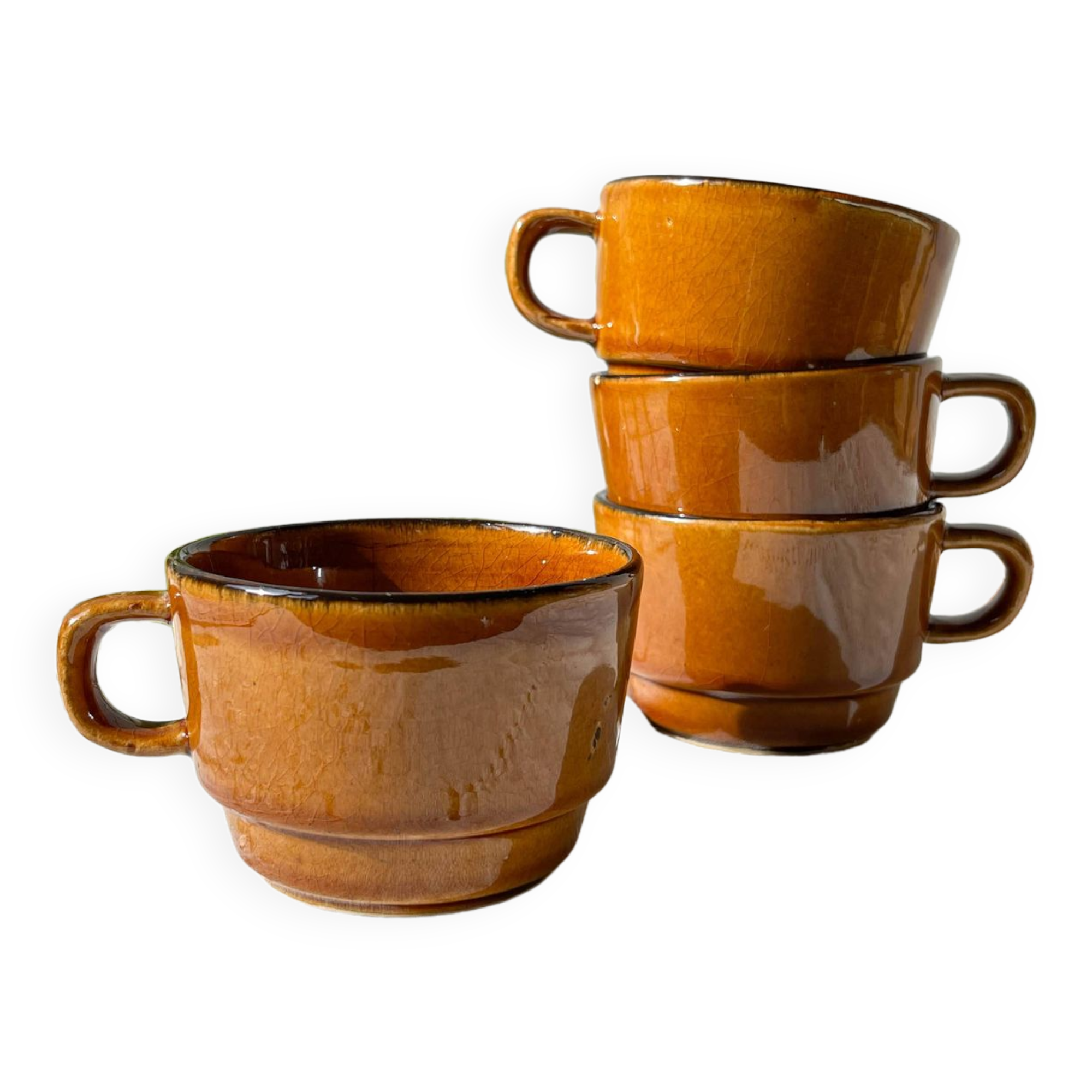 4 vintage dark caramel earthenware coffee/tea cups