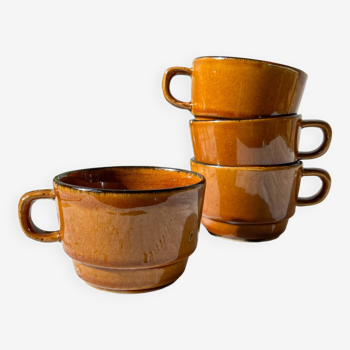 4 tasses à café/thé vintage en faïence caramel noir