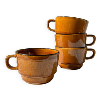 4 vintage coffee/tea cups in black caramel earthenware