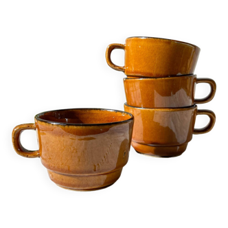 4 vintage dark caramel earthenware coffee/tea cups