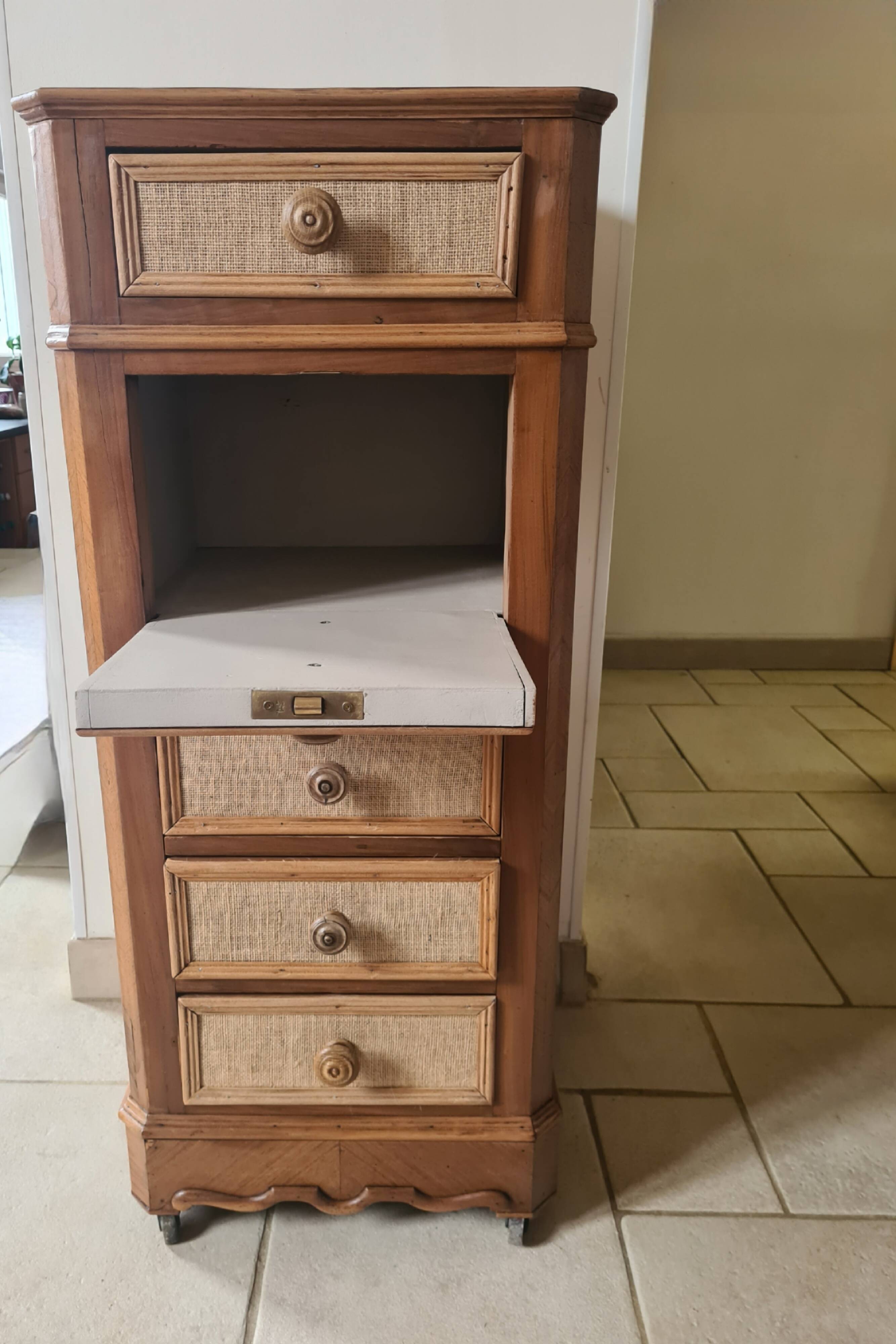 Nightstand in walnut and jute fabric, 1900