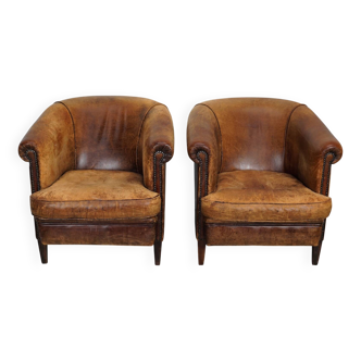 Vintage Dutch Cognac Colored Leather Club Chair, Set of 2