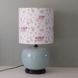 Celadon-colored cracked ceramic table lamp with new personalized lampshade.