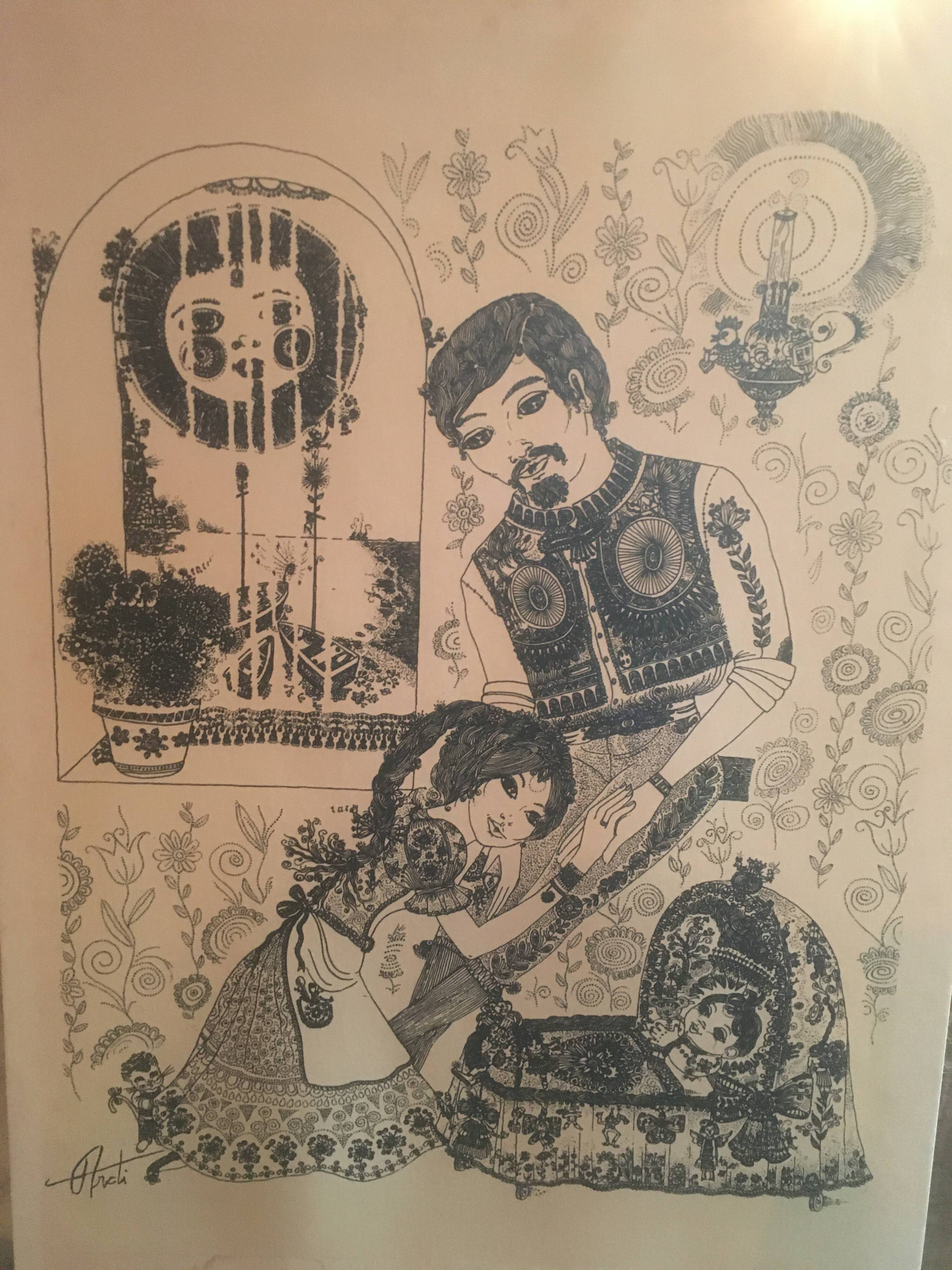 Illustration/signed paper print, framed, 60s/70s