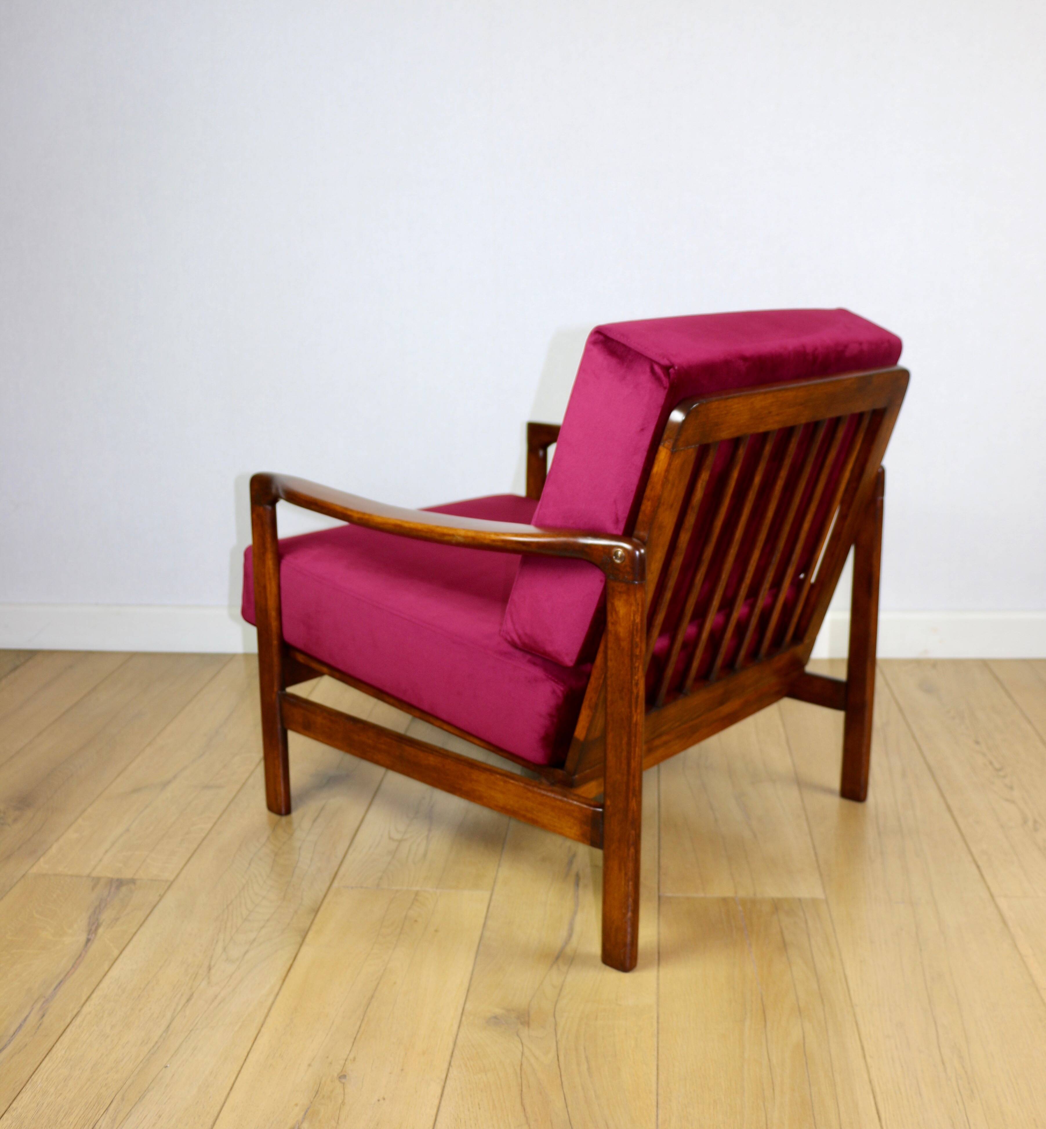 Wooden vintage brown armchair, burgundy raspberry, design by Z. Bączyk - 2 pieces available