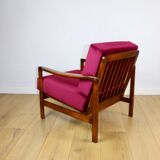 Wooden vintage brown armchair, burgundy raspberry, design by Z. Bączyk - 2 pieces available