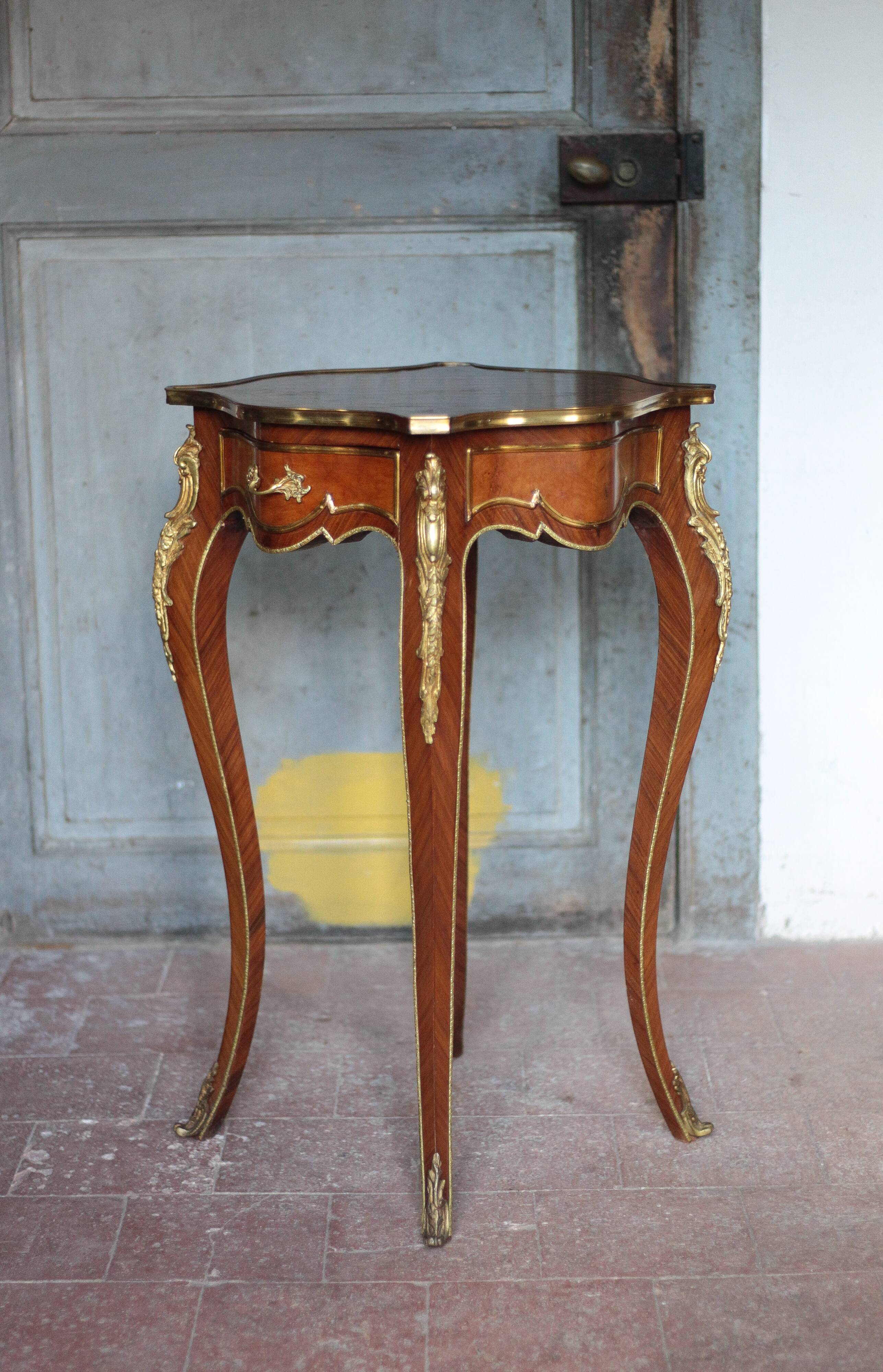 Wooden bedside table with marquetry and bronze, side table with curved legs