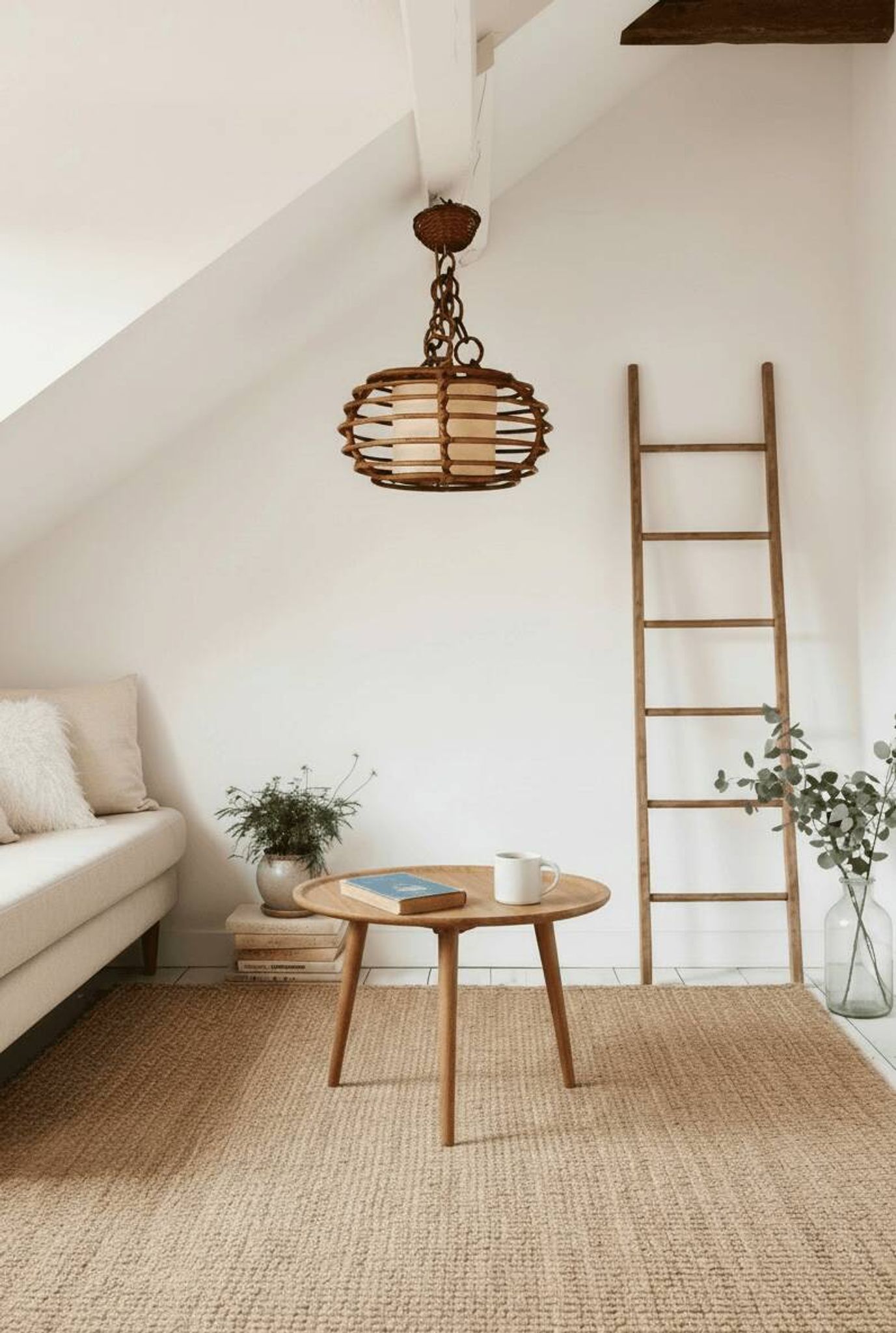 Suspension cage en rotin, années 50