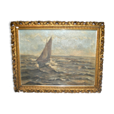 Painting ancient marine, oil on canvas, sailboat at sea, 19th century
