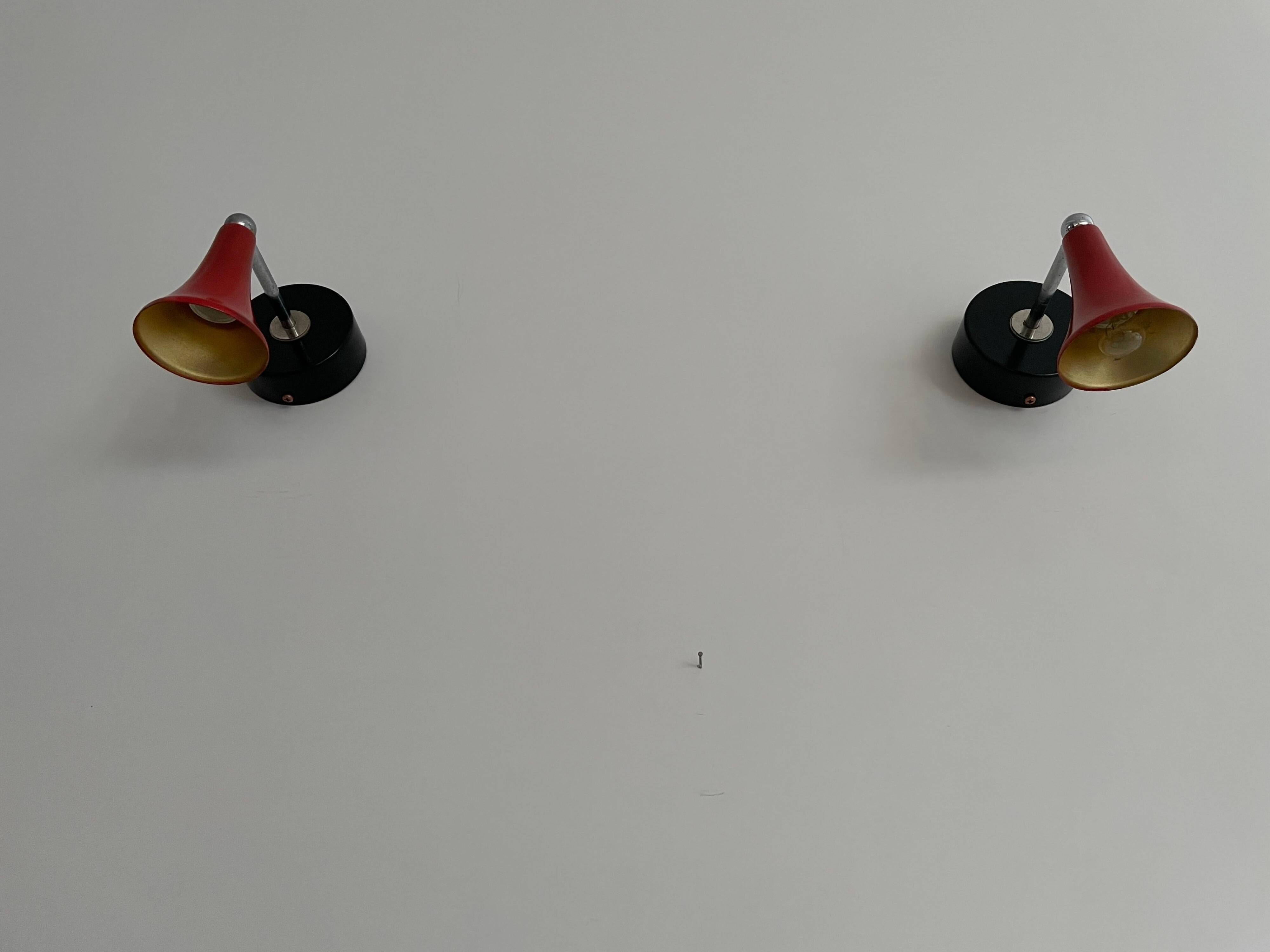 Pair of red metal wall lights AGE, 1970s, Italy
