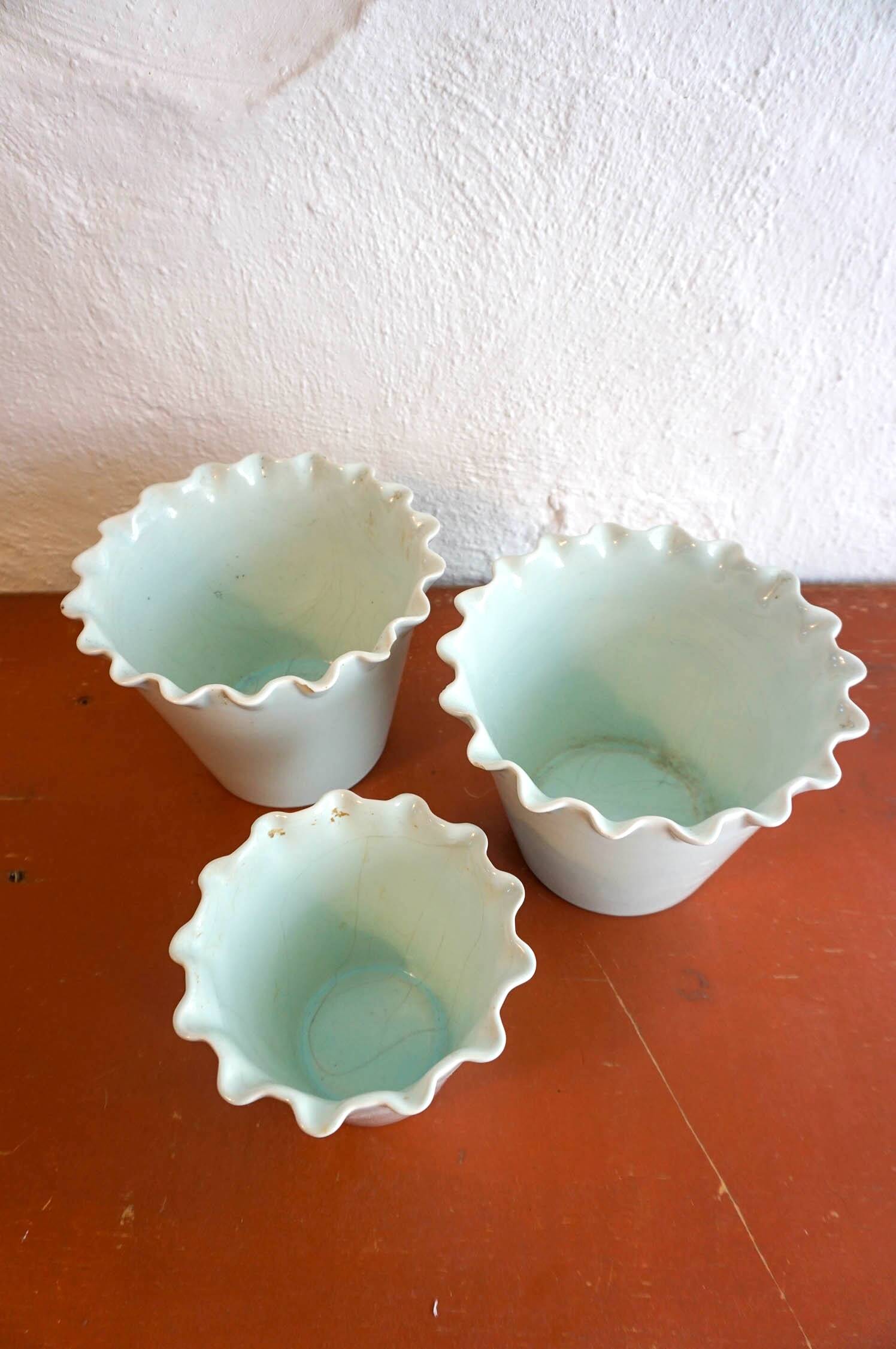 Celedon baby blue flower pots with ruffled lips set of 3