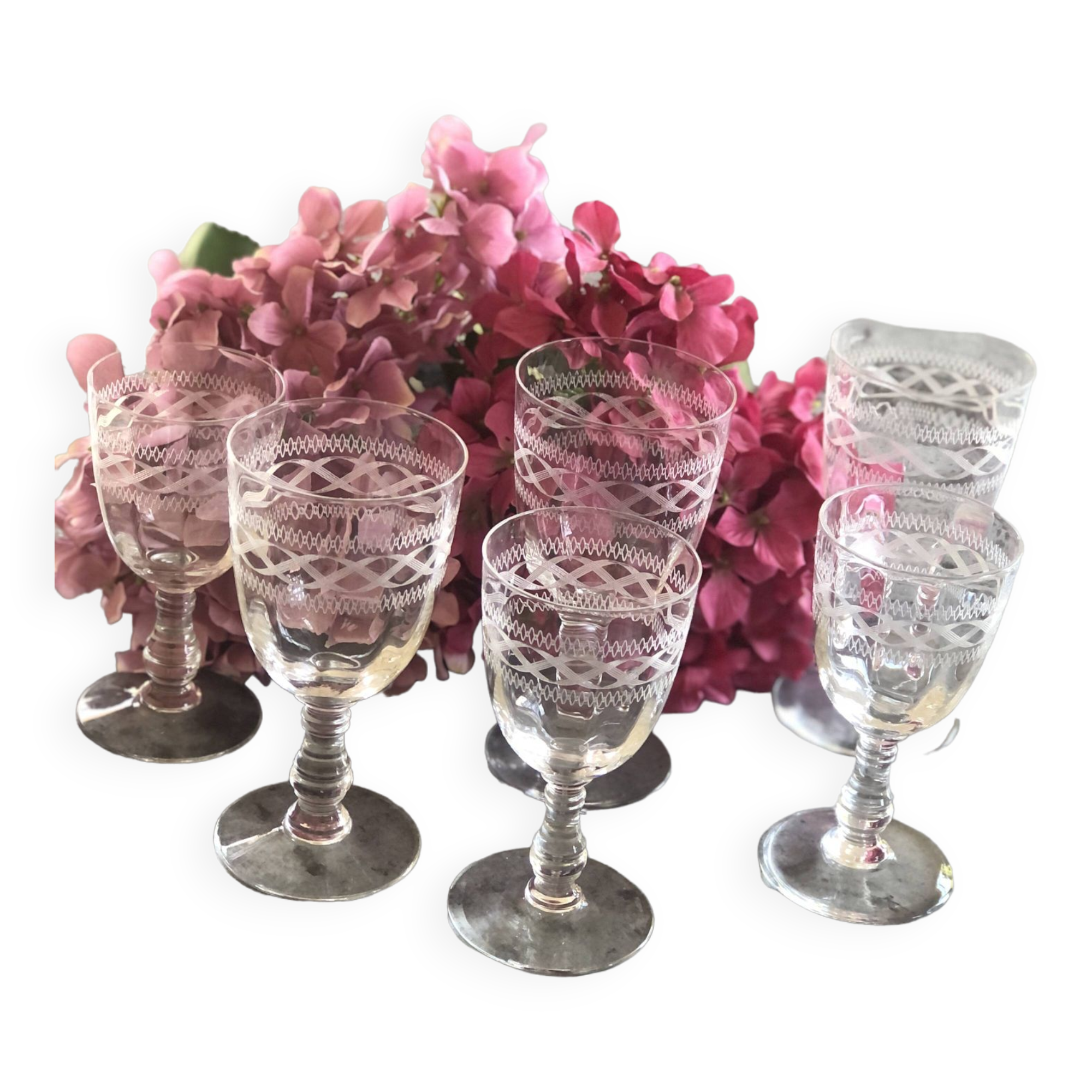 6 old engraved crystal glasses
