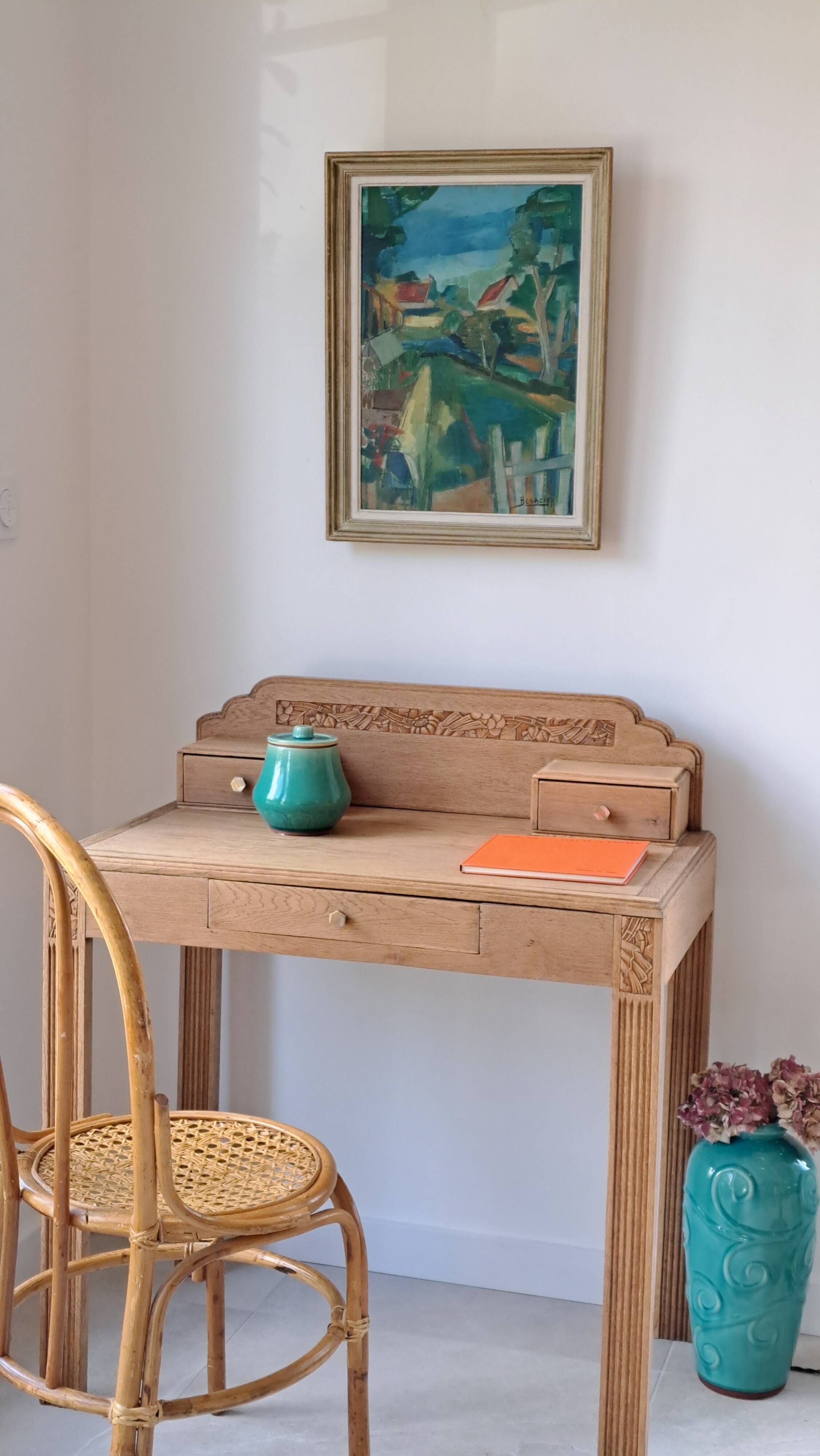 Art Deco oak desk, stripped finish, console size, 3 drawers.