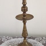 Tall Heavy Brass Electrified Moroccan Candlestick Lamp Mid-20th Century