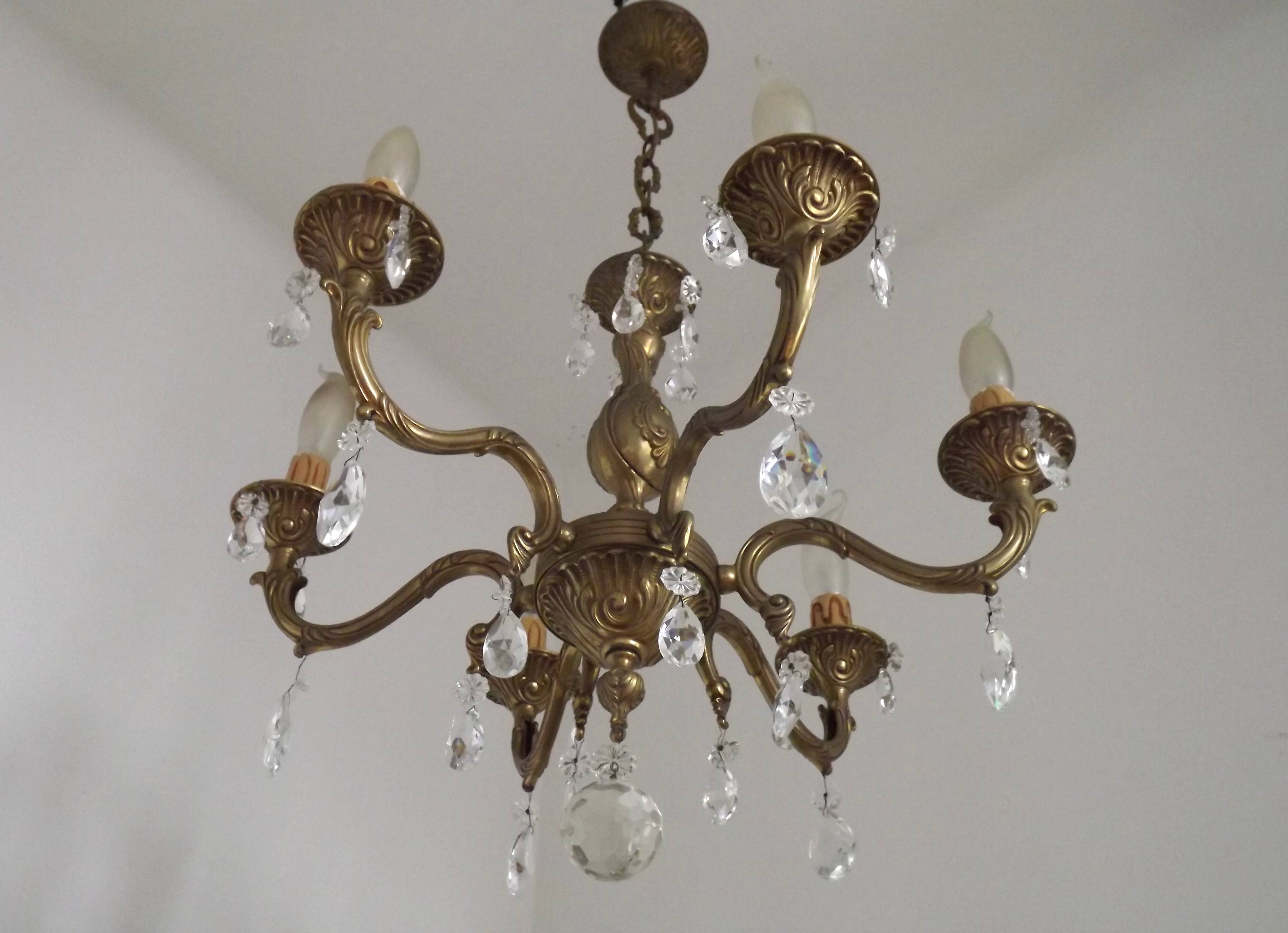 French Mid-Century Bronze 6-Light Chandelier with Crystal Droplets 5491