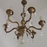 French Mid-Century Bronze 6-Light Chandelier with Crystal Droplets 5491