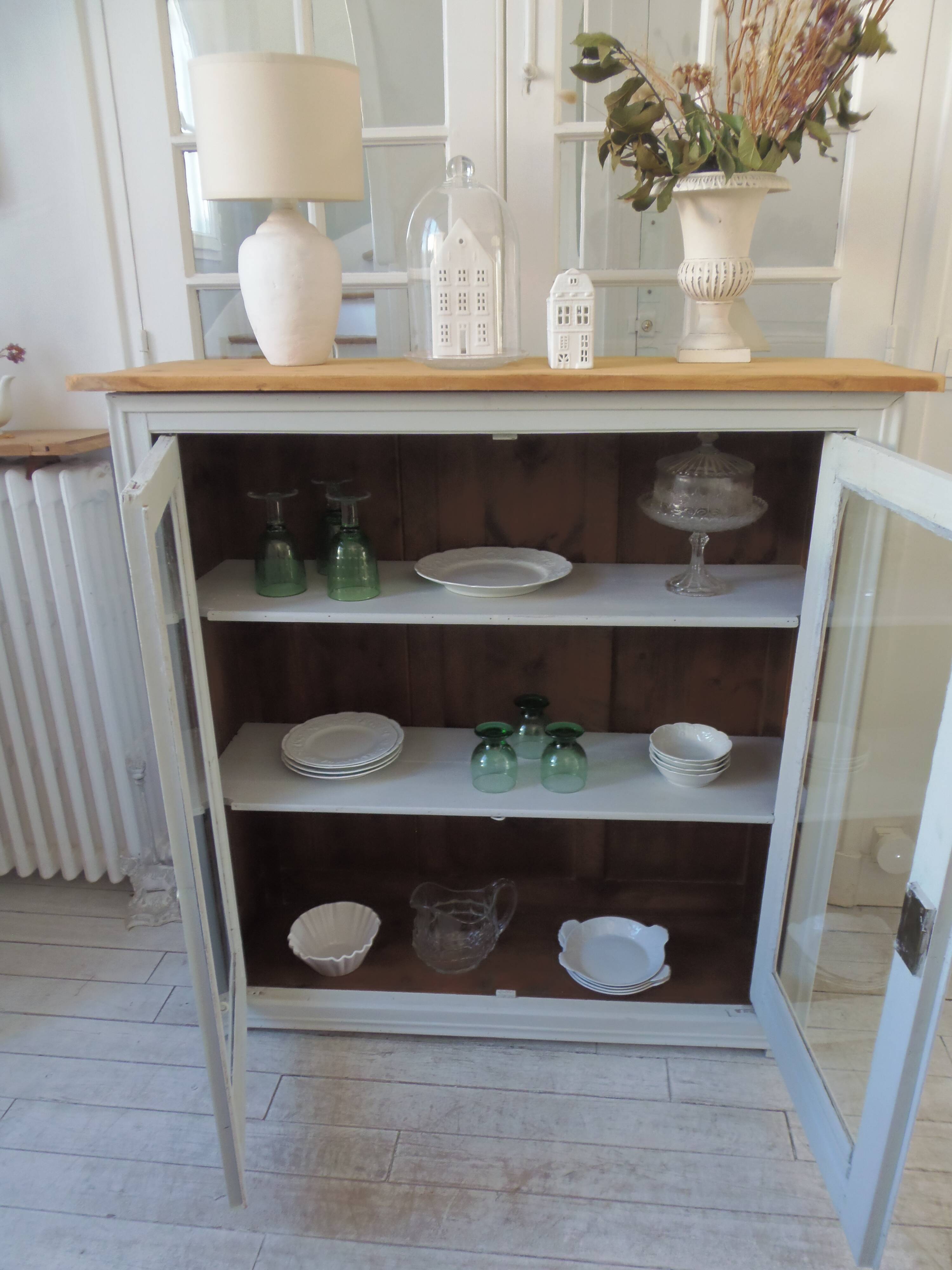 Display case, old shallow sideboard re-enchanted in cloud gray.