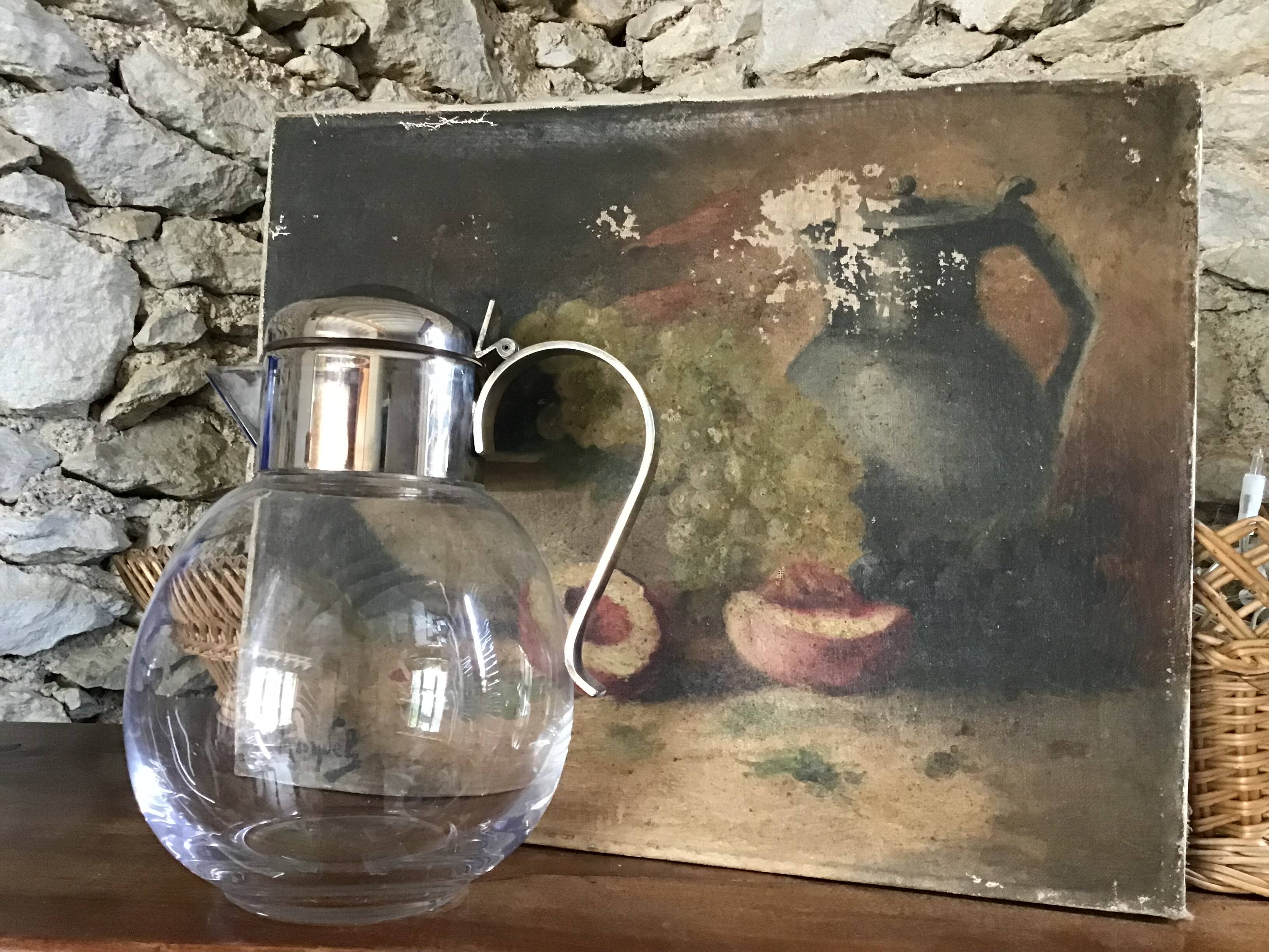 Art Deco carafe in silver metal and blown glass