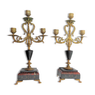 Paire de chandeliers marbre et bronze