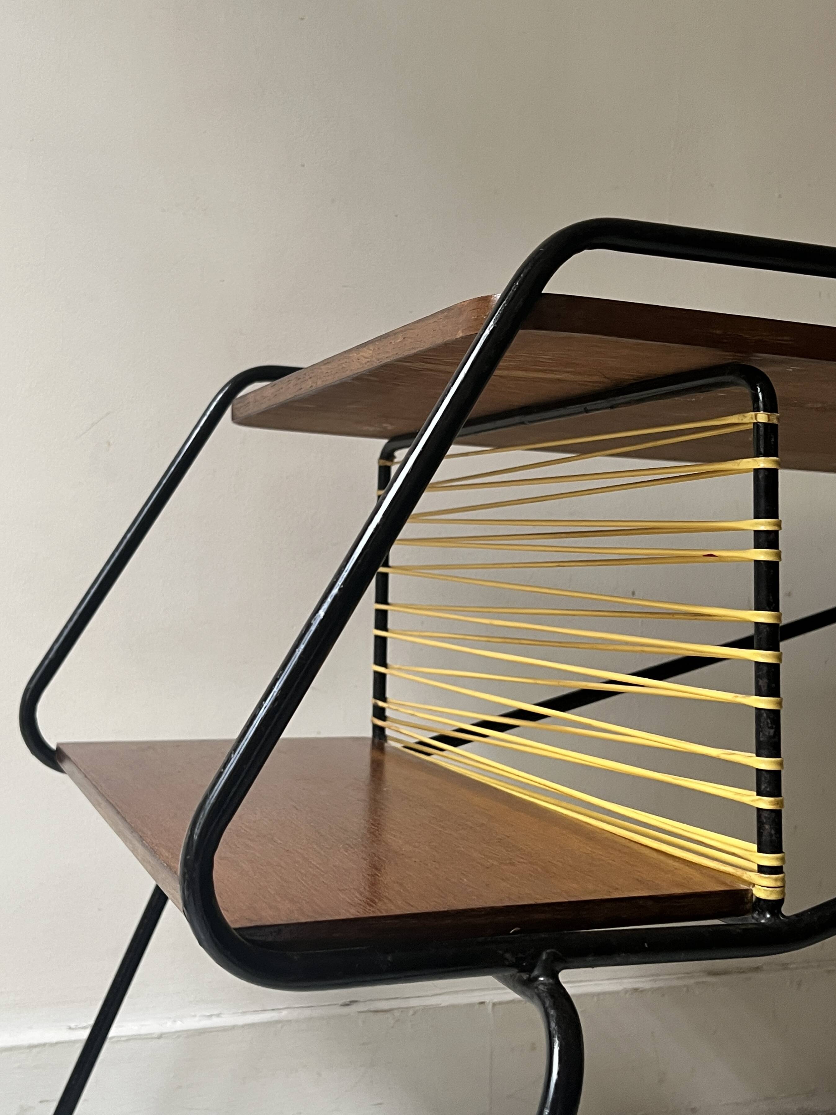 Modernist TV/Hifi table in wood & metal by J. Hitier, French design 1950.