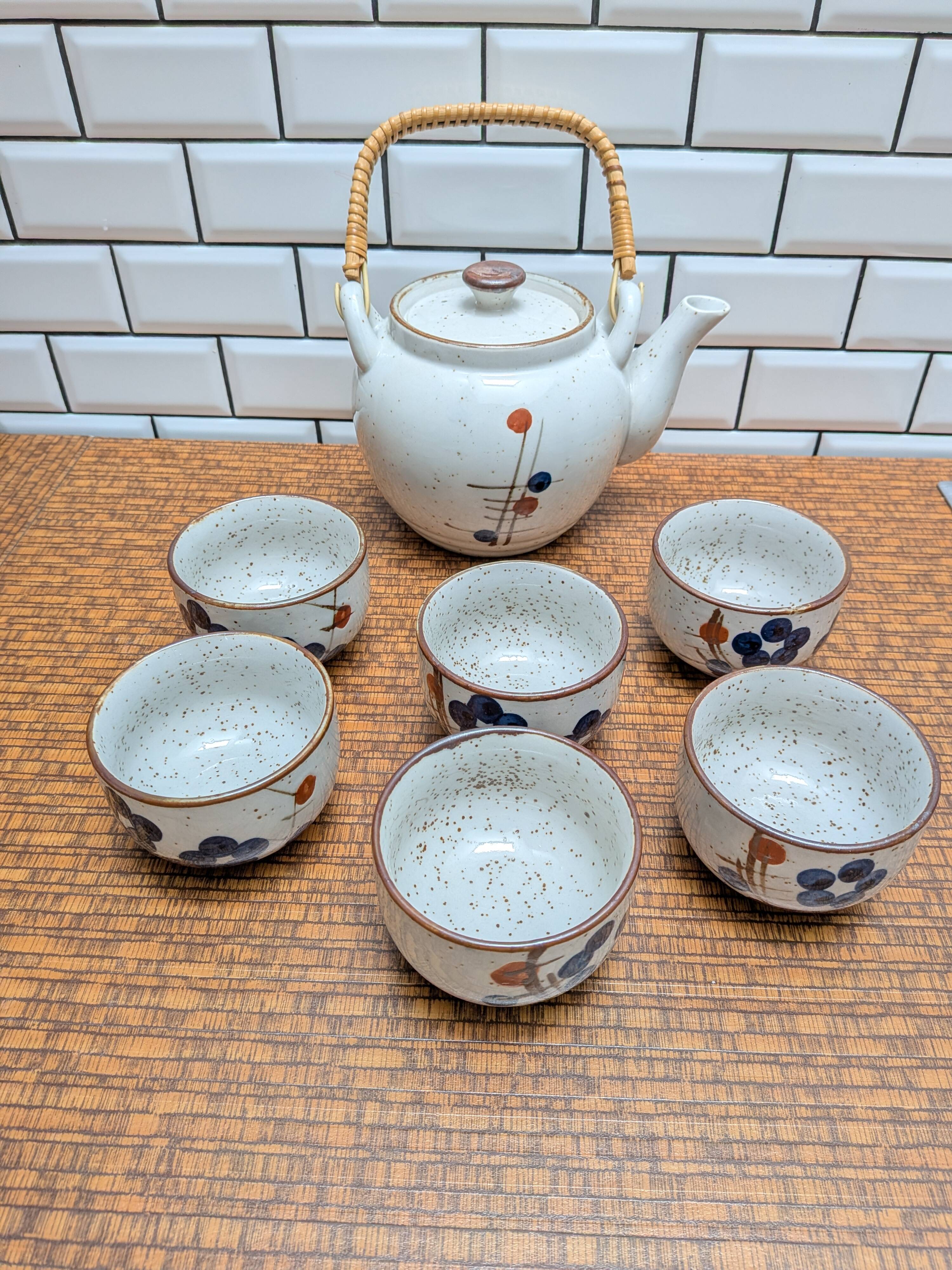 Japanese tea service stoneware bamboo teapot 6 cups 70s hand-painted blueberry
