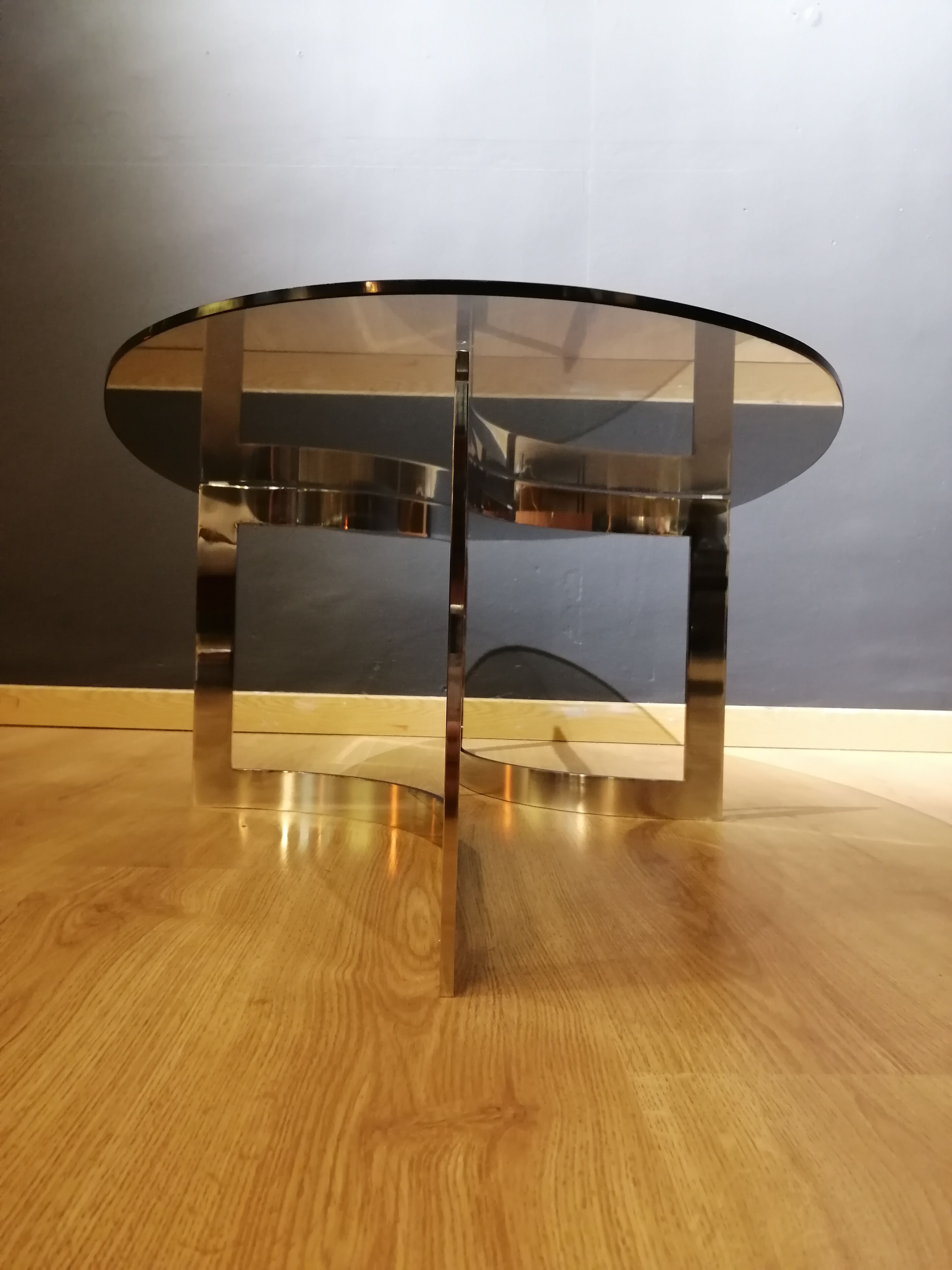 Coffee table in smoked glass and chrome by designer Paul Legeard, 70s